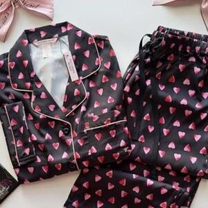 Women’s Black Satin Pajama Set with Pink Heart Print - Luxurious Sleepwear